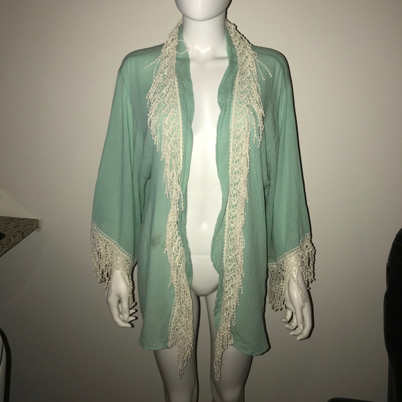 Jen's Pirate Booty *Kyoto* crochet lace fringe kimono top OS *RARE* - Picture 2 of 13